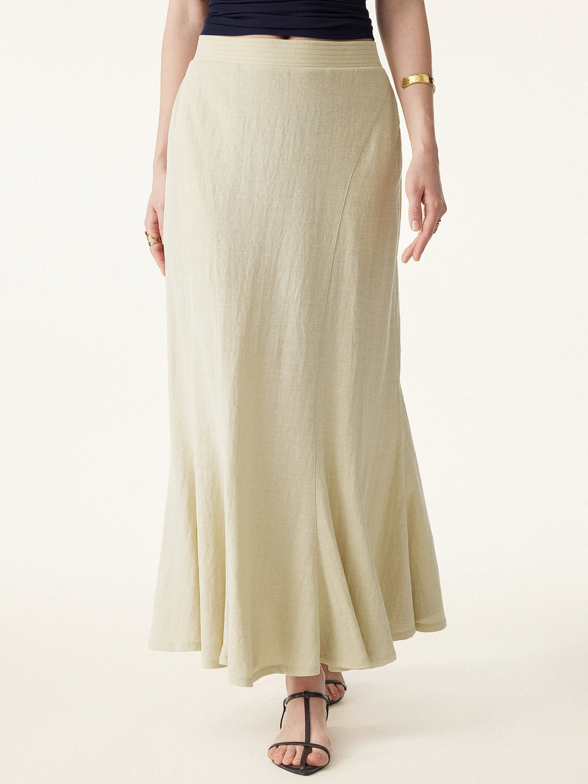 OGLmove Women's Wrinkle-Resistant Cotton-Linen Pull-On Midi Skirt
