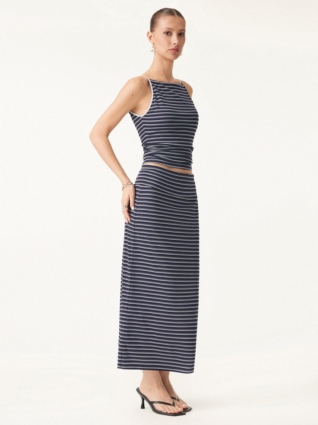 OGLmove Women's Striped Spaghetti Bra Top & Low Rise Midi Skirt Set