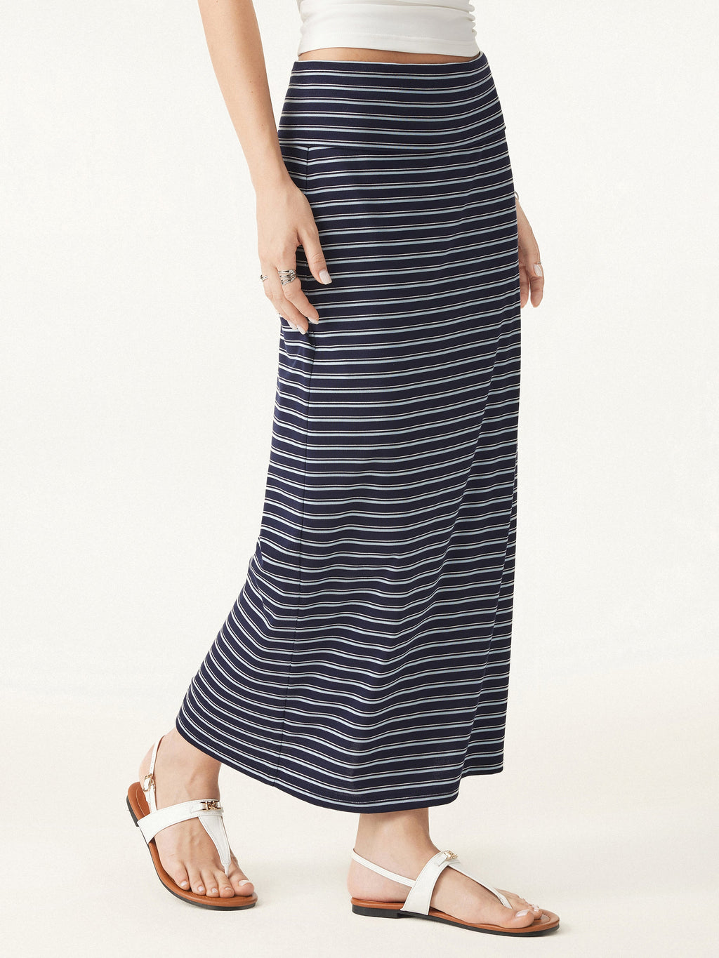 OGLmove Women's Low Rise Folded Waist Striped Midi Skirt