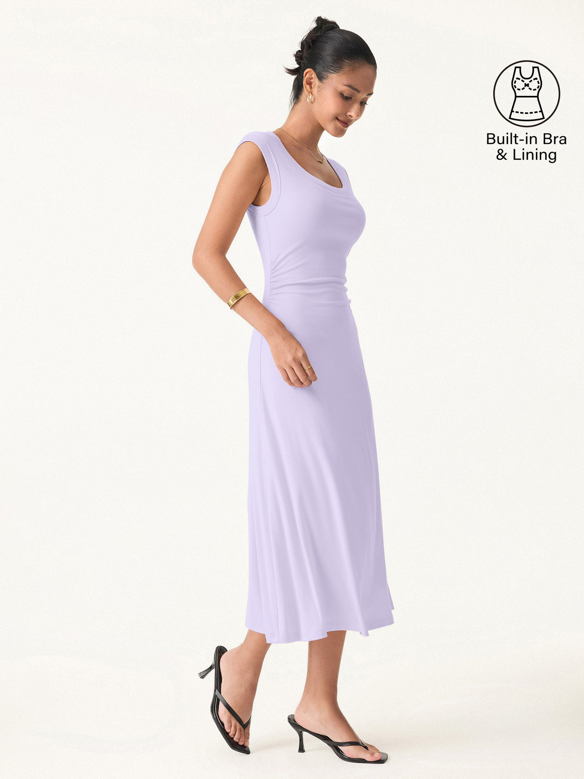 OGLmove Women's Scoop Neck Side Ruched New Airy Bra Midi Dress