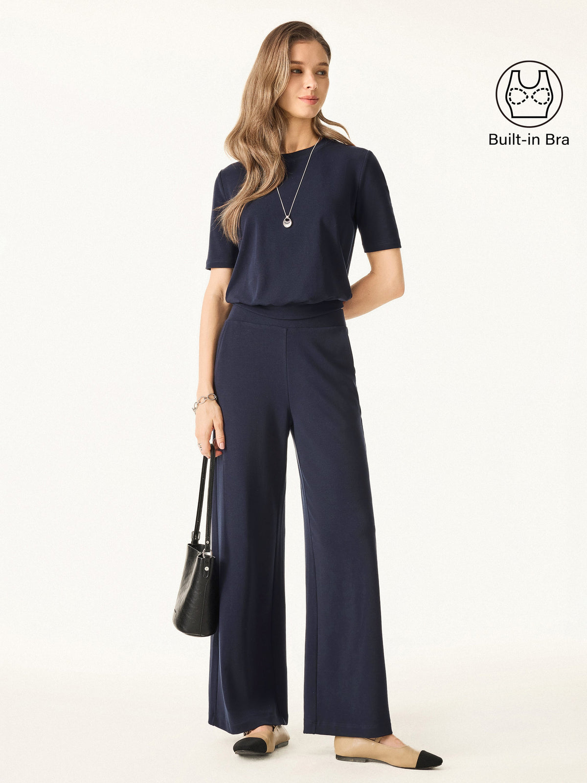 OGLmove Women's Petite Wide Leg Pant with Pockets & Crewneck Bra Top Set