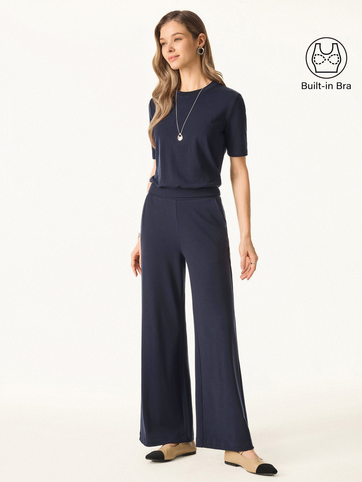 OGLmove Women's Petite Wide Leg Pant with Pockets & Crewneck Bra Top Set