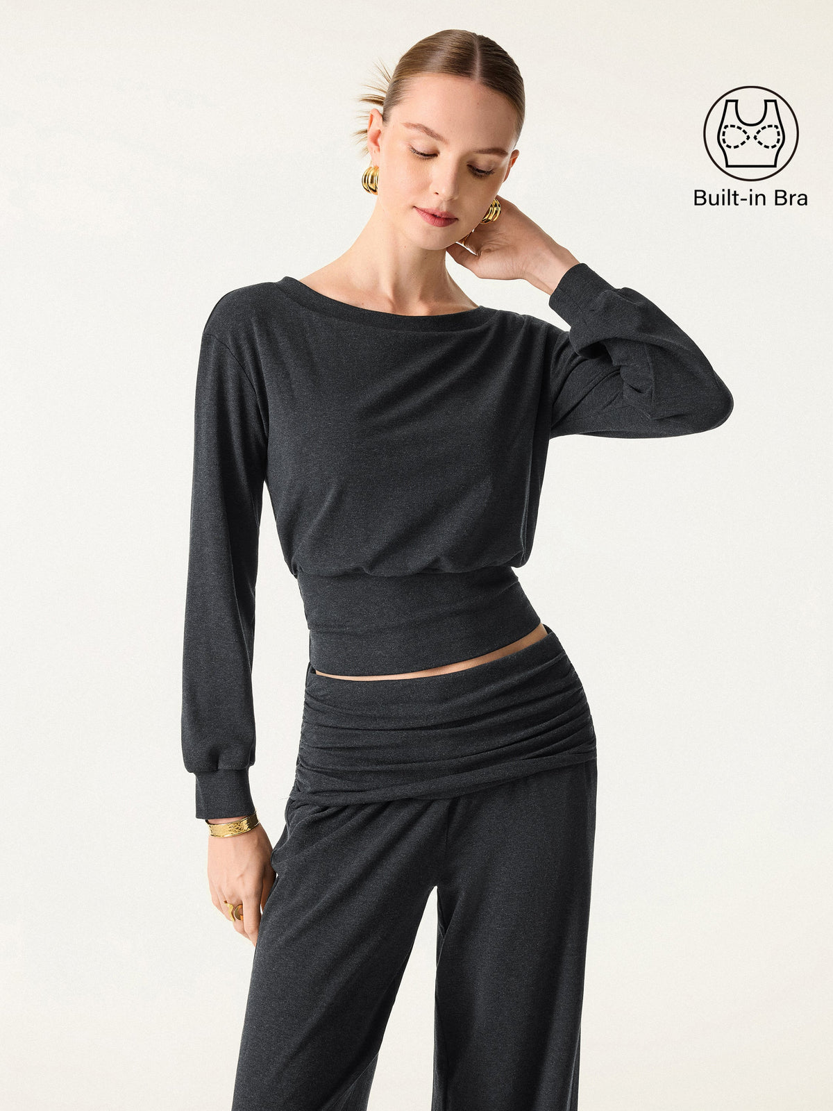 OGLmove Women's Lyocell-Wool Blend Boatneck Long Sleeve Bra Top