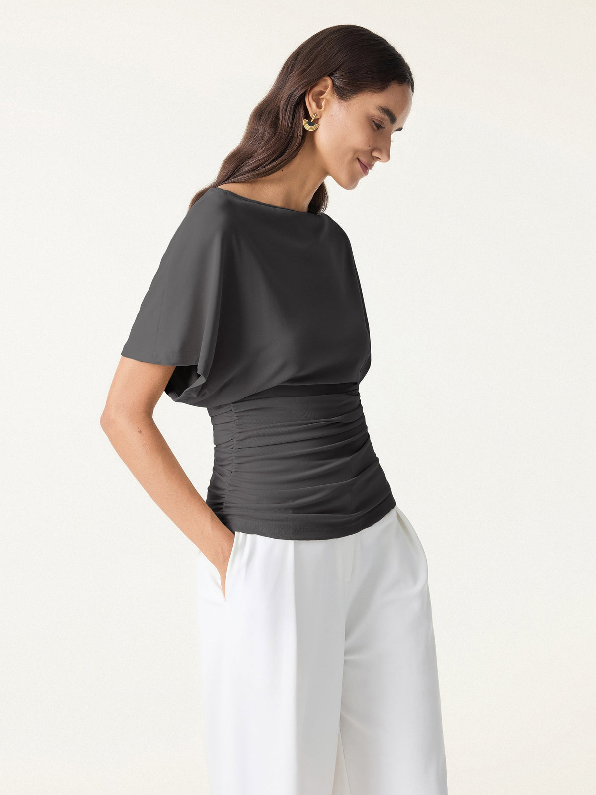 OGLmove Women's Effortless Boatneck Batwing Sleeve Side Ruched Top