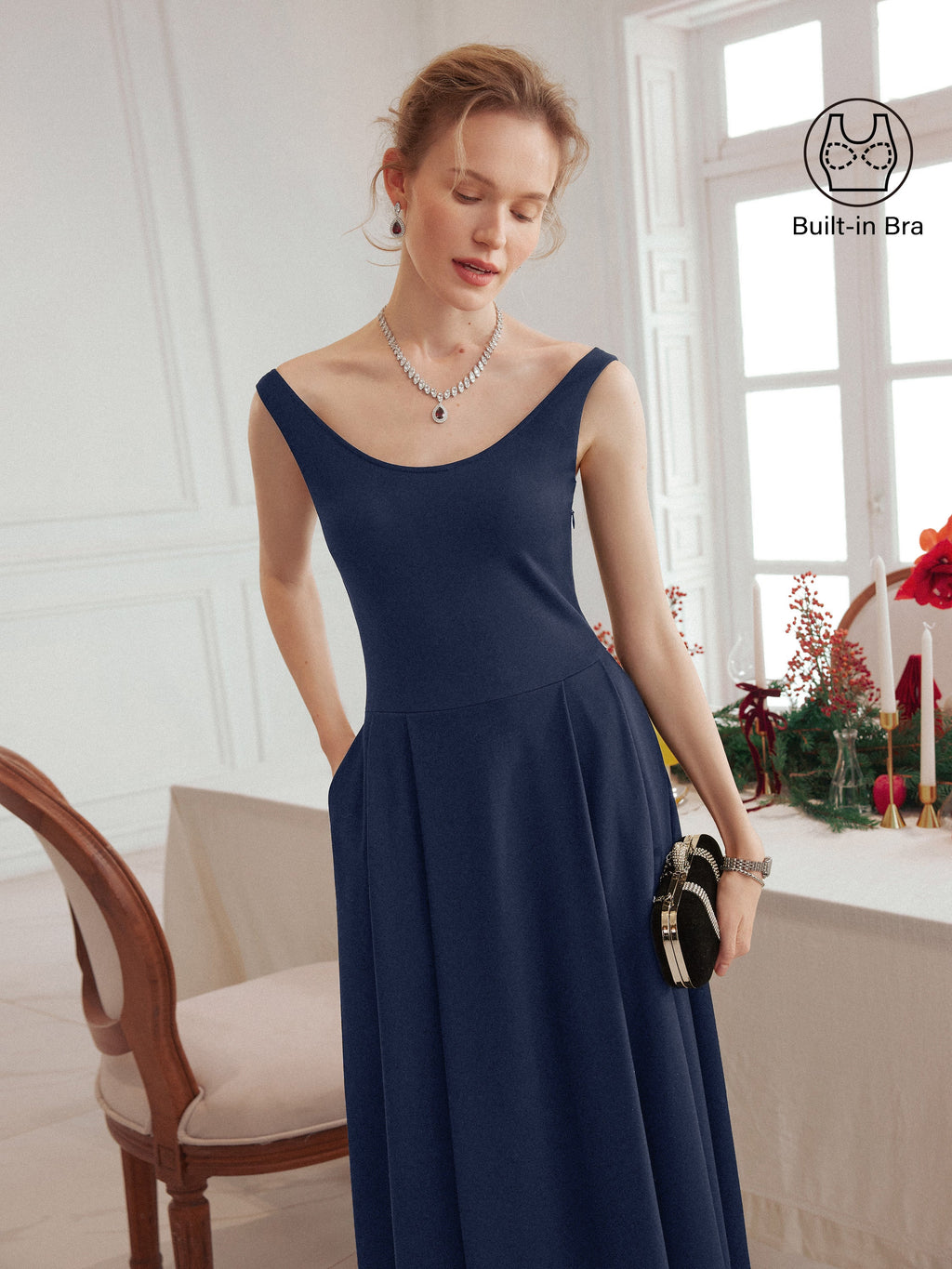 OGLmove Women's Balletic Scoop Neck Midi Bra Dress with Pockets