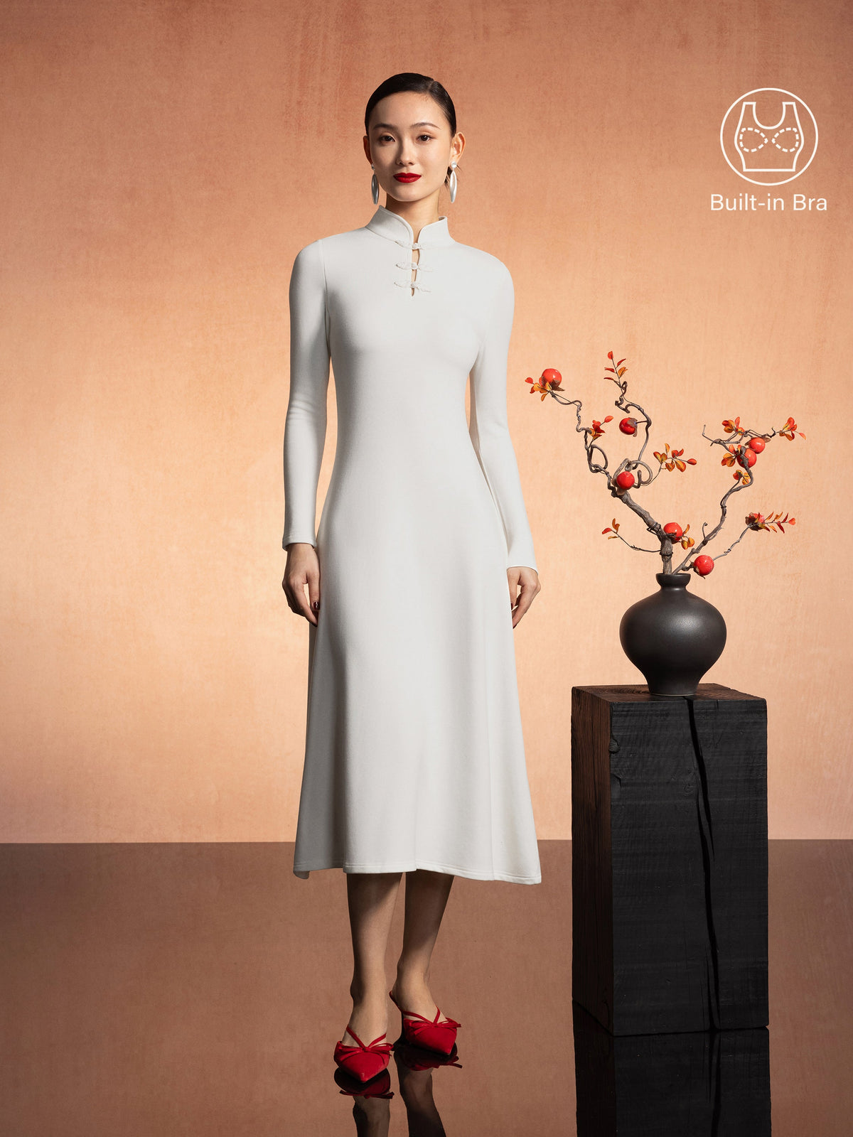 OGLmove Women's Mandarin Collar Frog Button Midi Bra Dress