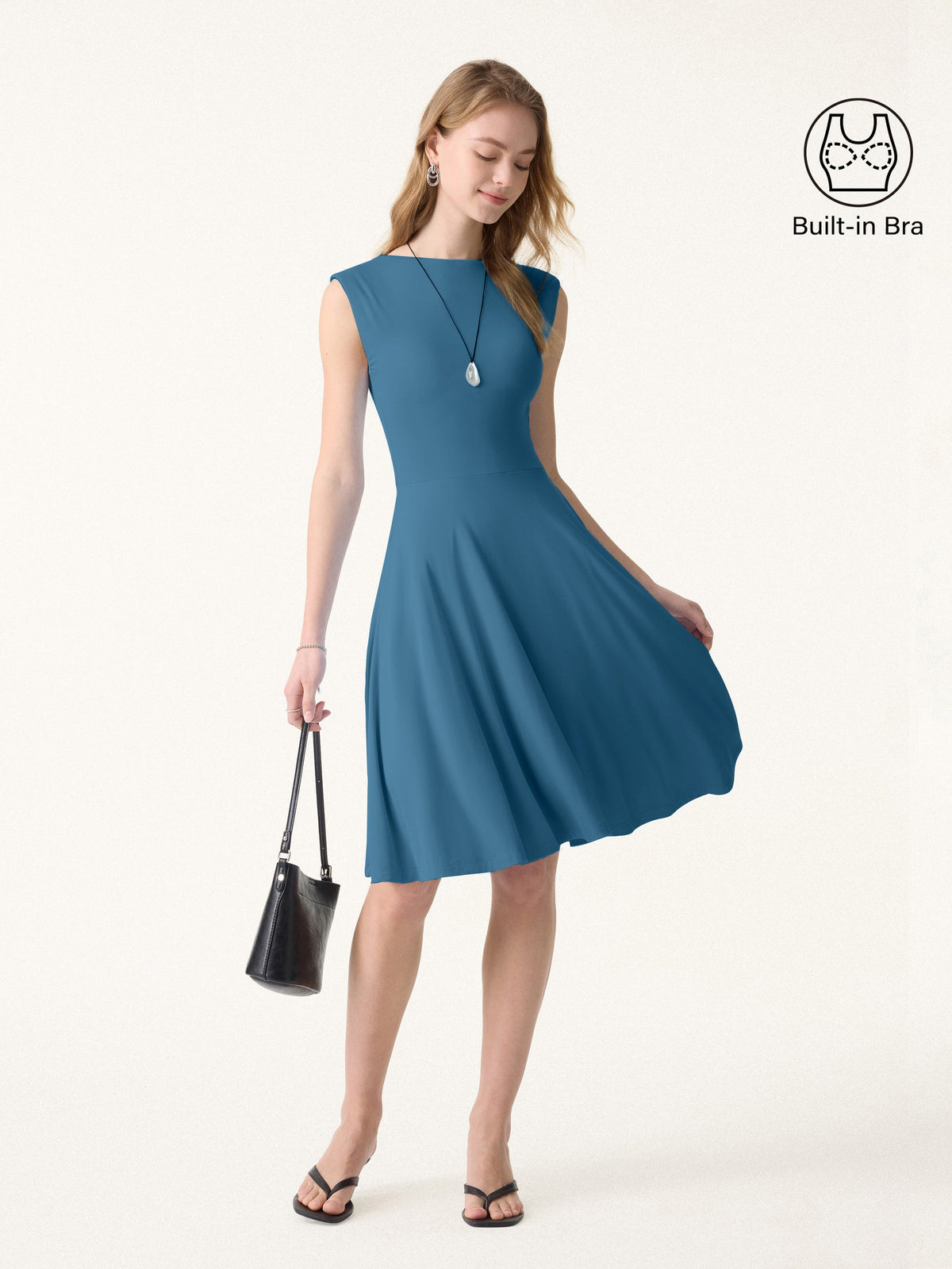 OGLmove Women's SkinKiss Boatneck Wide Shoulder Bra Dress with Pockets