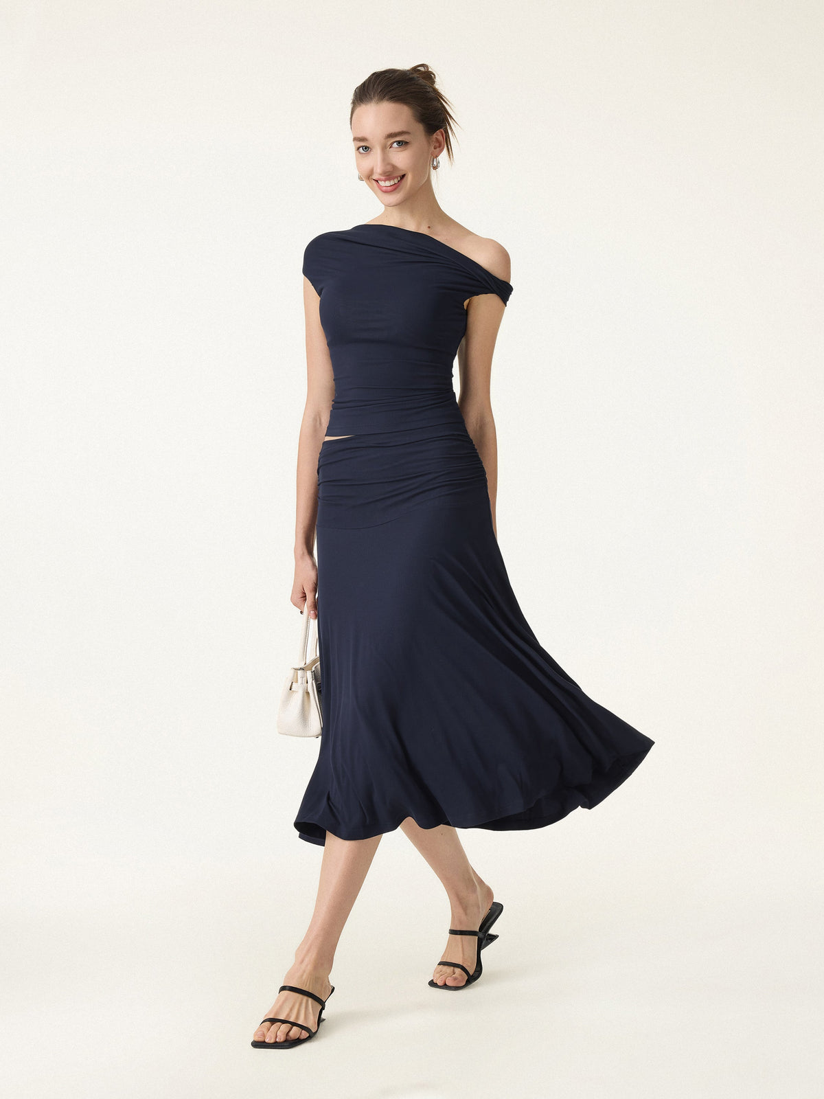 OGLmove Women's Multi-Wear Bra Top & Side Ruched A-Line Midi Skirt Set