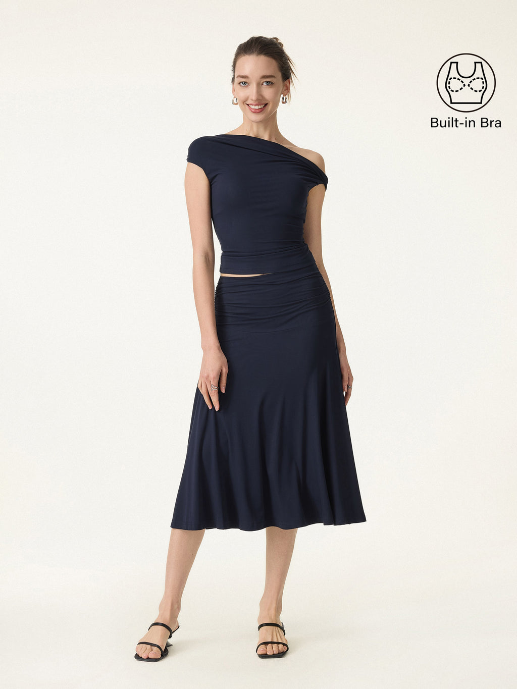 OGLmove Women's Multi-Wear Bra Top & Side Ruched A-Line Midi Skirt Set