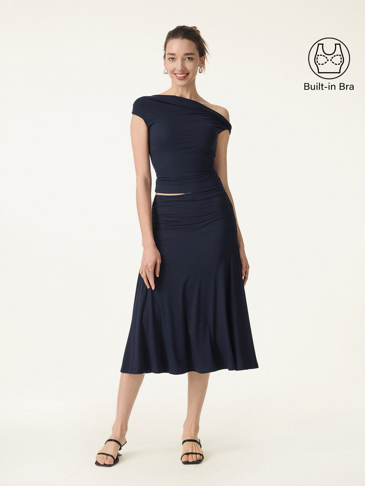 OGLmove Women's Multi-Wear Bra Top & Side Ruched A-Line Midi Skirt Set