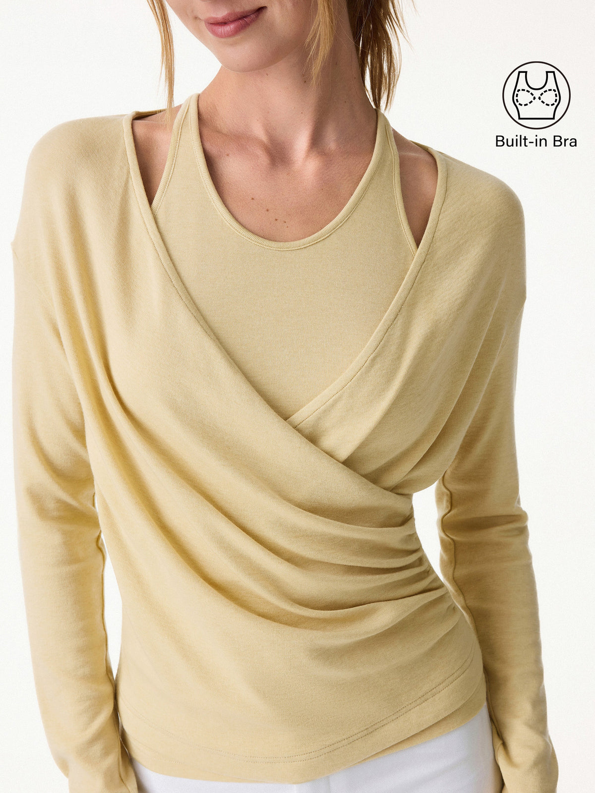 OGLmove Women's Eco-MiYaMoon Cashmere Blend Long Sleeve Surplice Ruched Cami Top