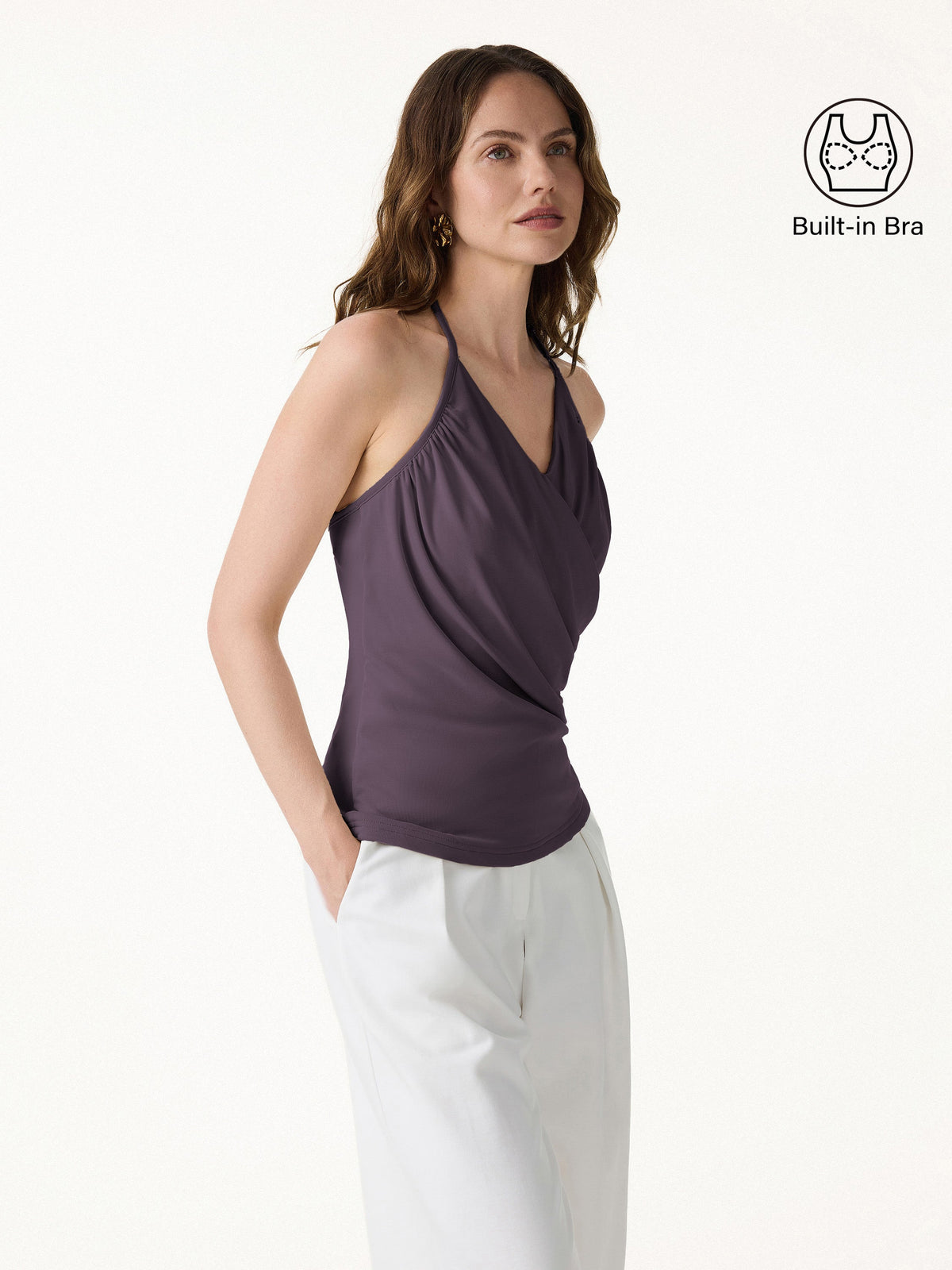 OGLmove Women's Modal Halter Neck Surplice Ruched Bandless Bra Top