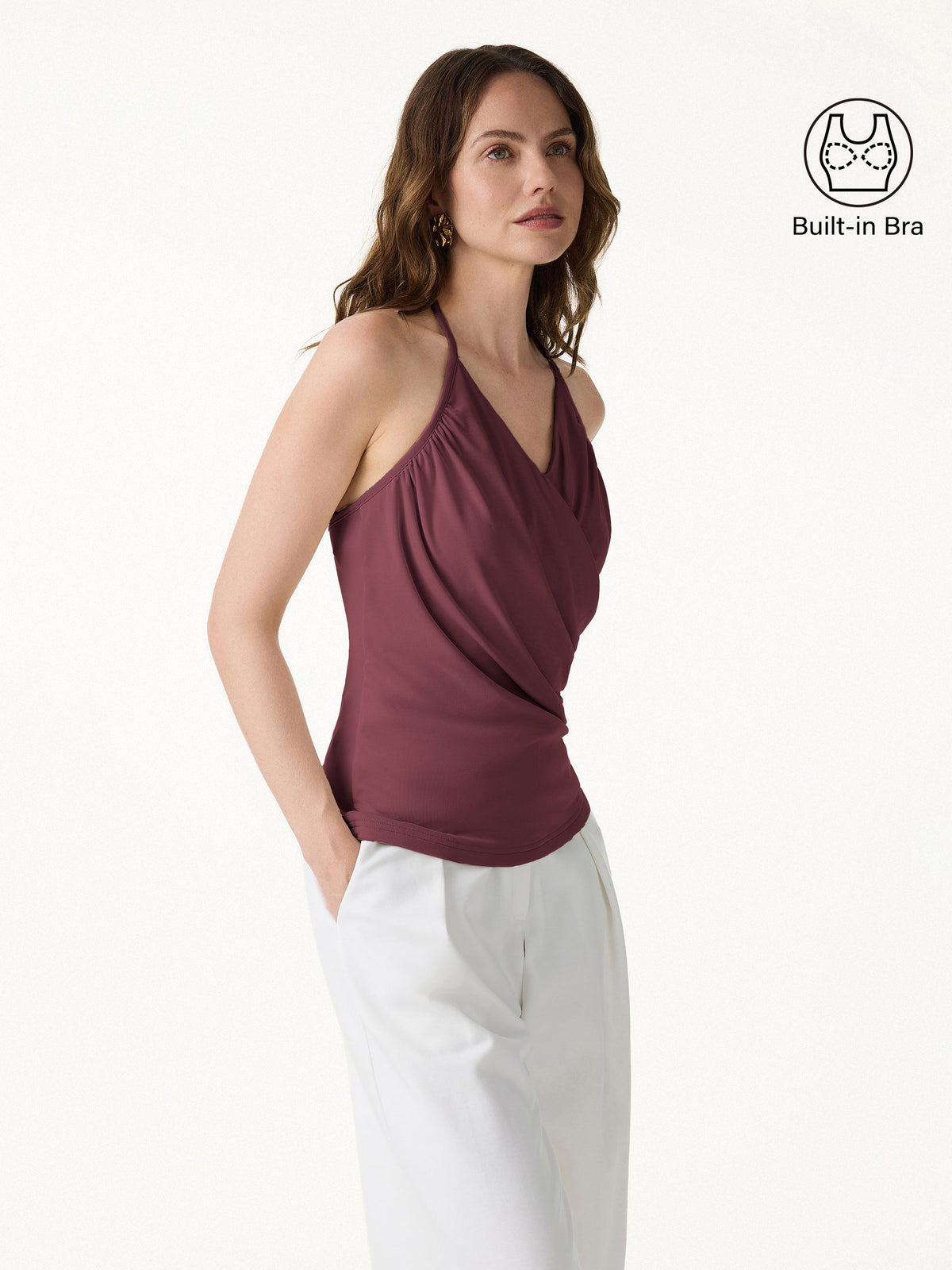 OGLmove Women's Modal Halter Neck Surplice Ruched Bandless Bra Top