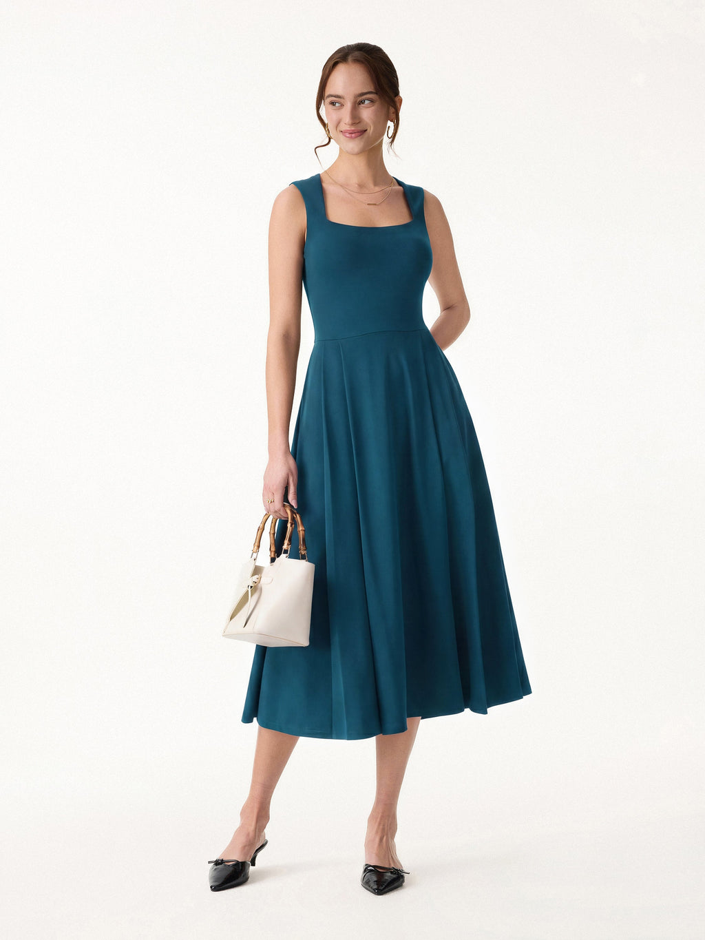 OGLmove Women's Square Neck Sleeveless Midi Bra Dress with Pockets