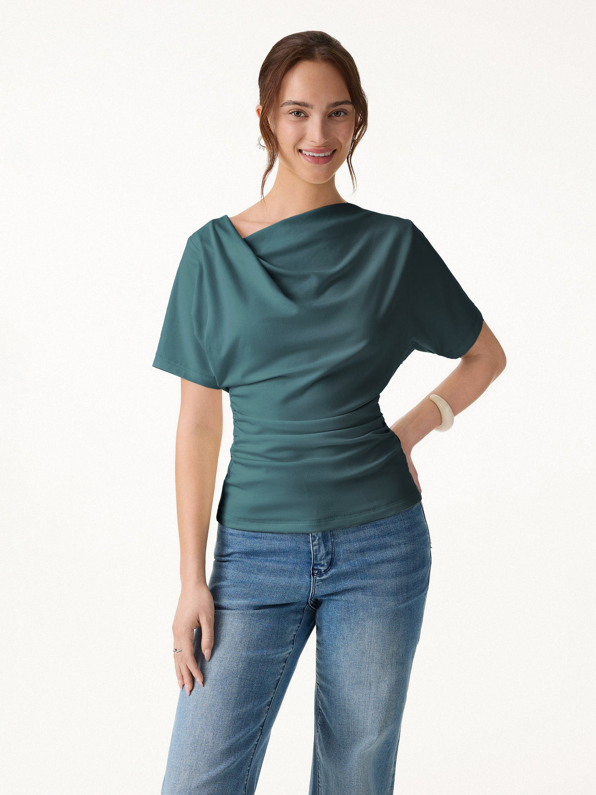 OGLmove Women's Asymmetrical Cowl Neck Ruched Top