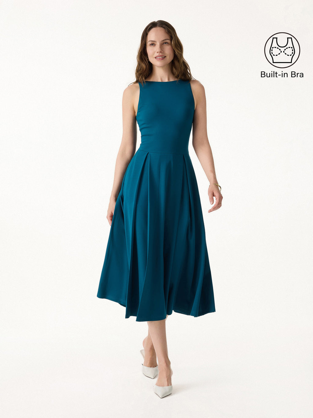 OGLmove Women's Boatneck Pleated Fit-and-Flare Midi Bra Dress with Pockets