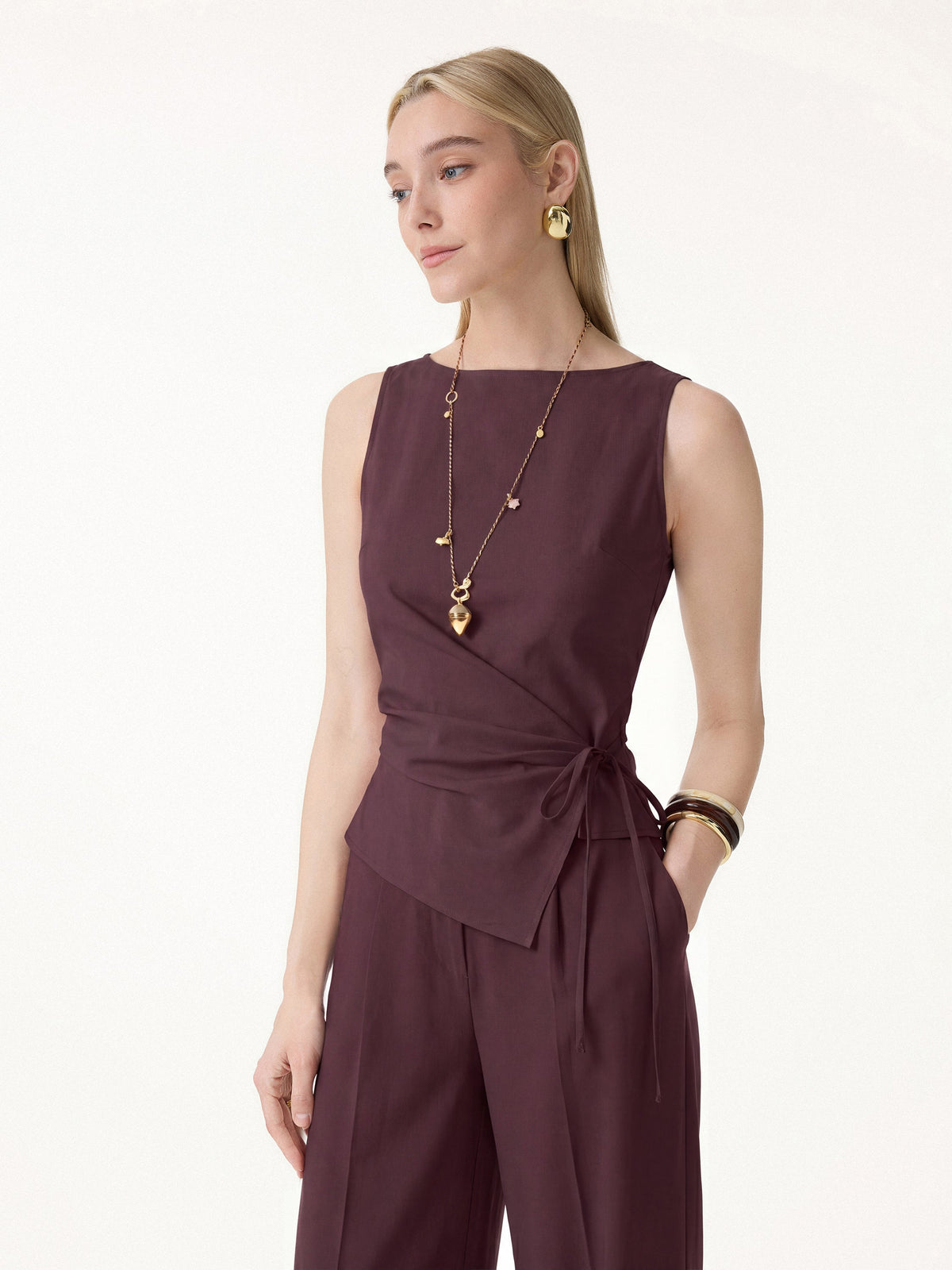 OGLmove Women's Lyocell-Linen Blend Boatneck Waist-Defined Top