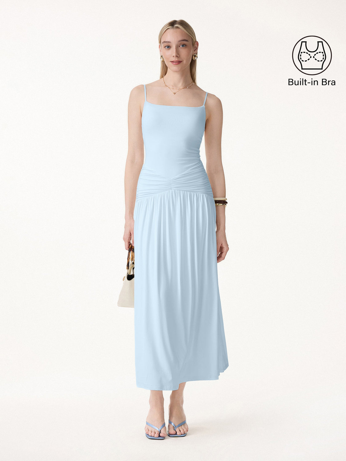 OGLmove Women's Not-See-Thru Spaghetti Gathered Maxi Bra Dress