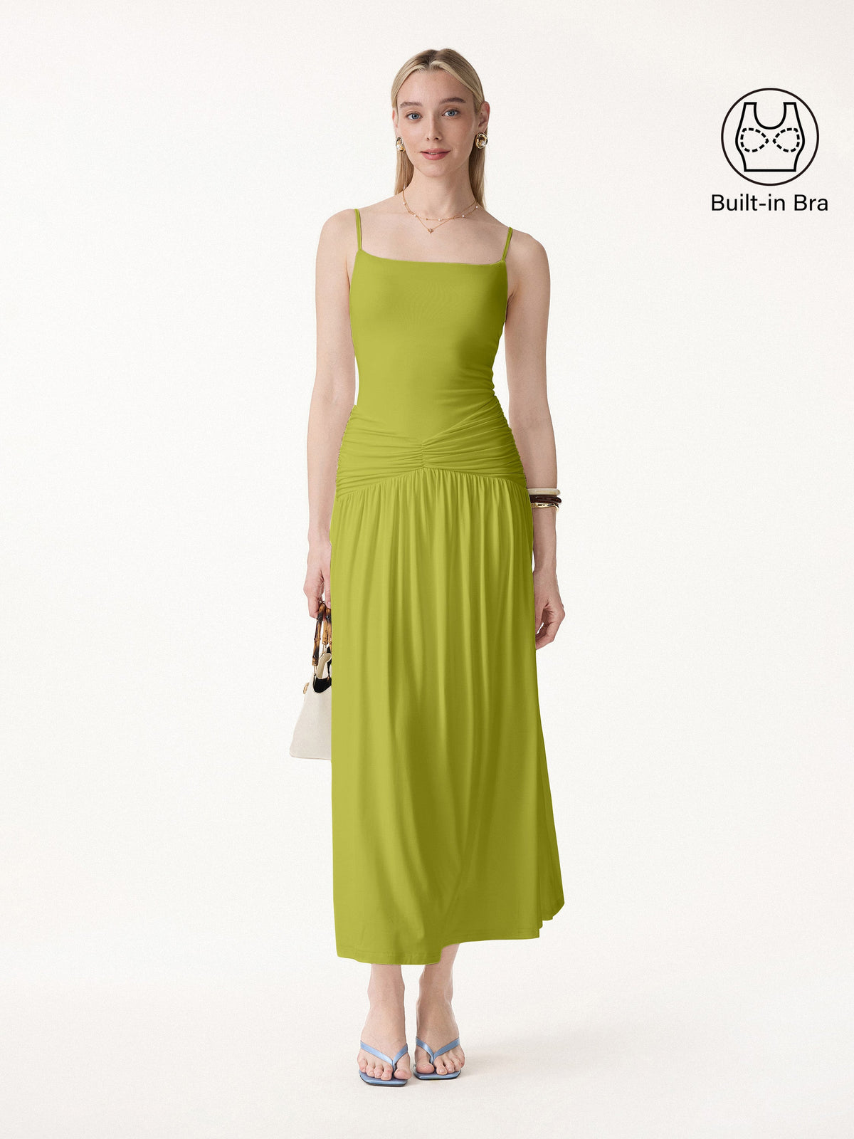 OGLmove Women's Not-See-Thru Spaghetti Gathered Maxi Bra Dress