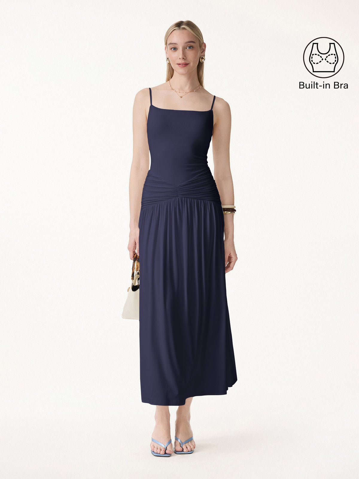 OGLmove Women's Not-See-Thru Spaghetti Gathered Maxi Bra Dress