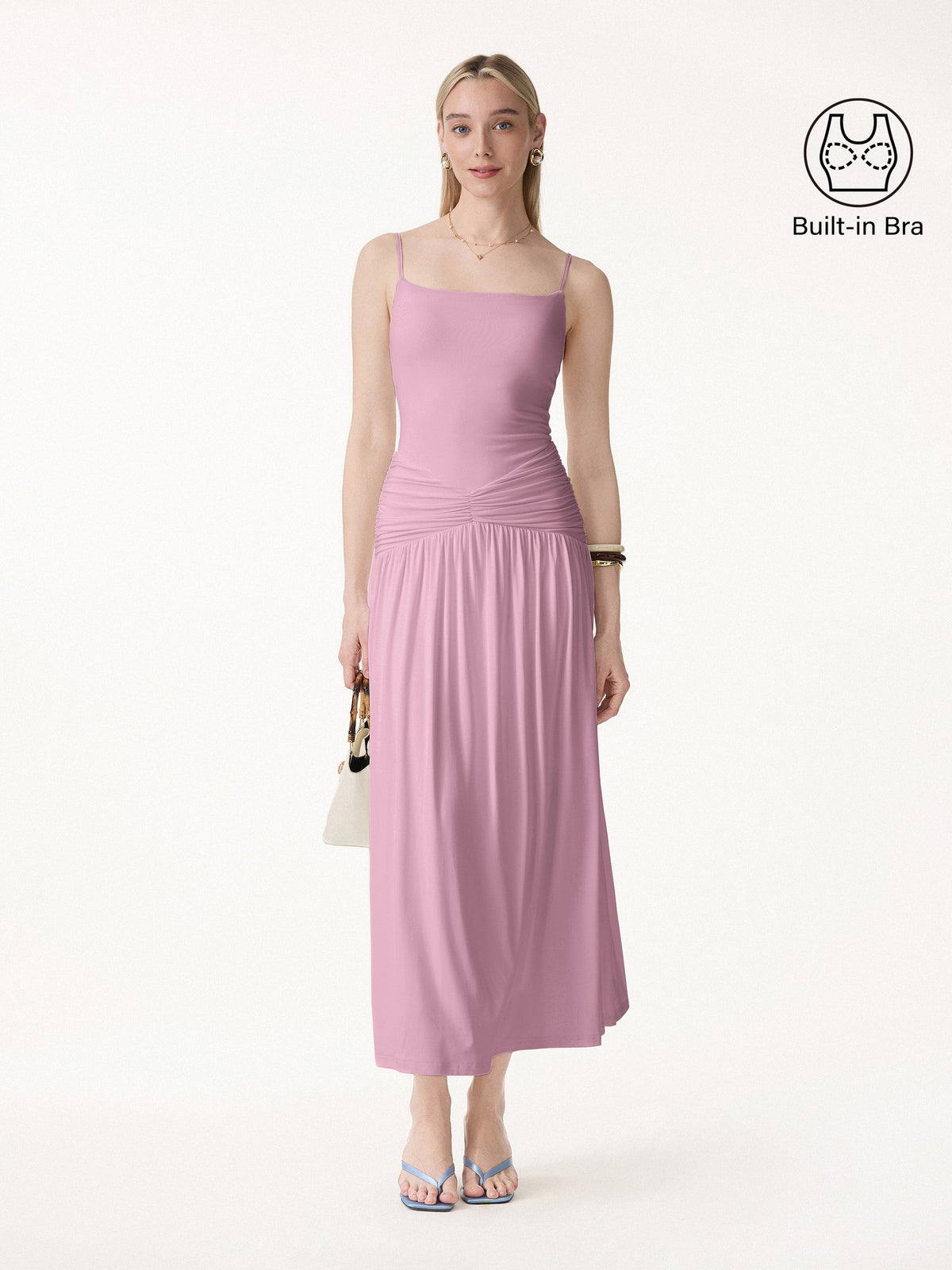 OGLmove Women's Not-See-Thru Spaghetti Gathered Maxi Bra Dress