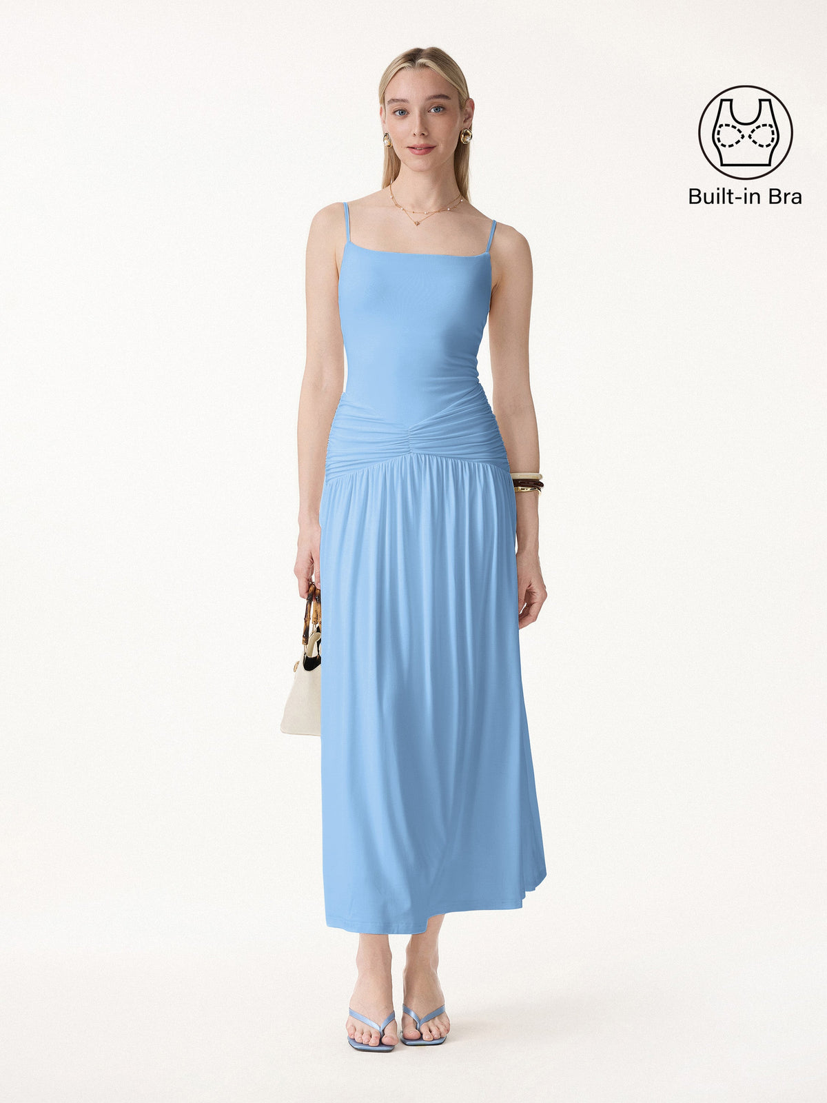 OGLmove Women's Not-See-Thru Spaghetti Gathered Maxi Bra Dress