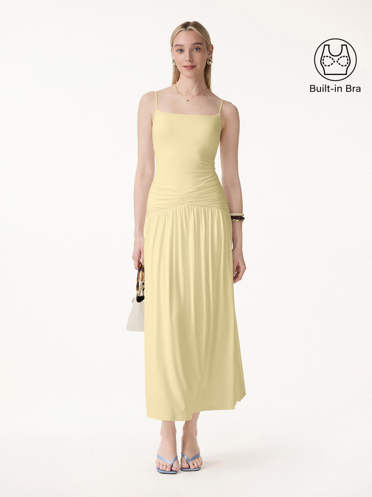 OGLmove Women's Not-See-Thru Spaghetti Gathered Maxi Bra Dress