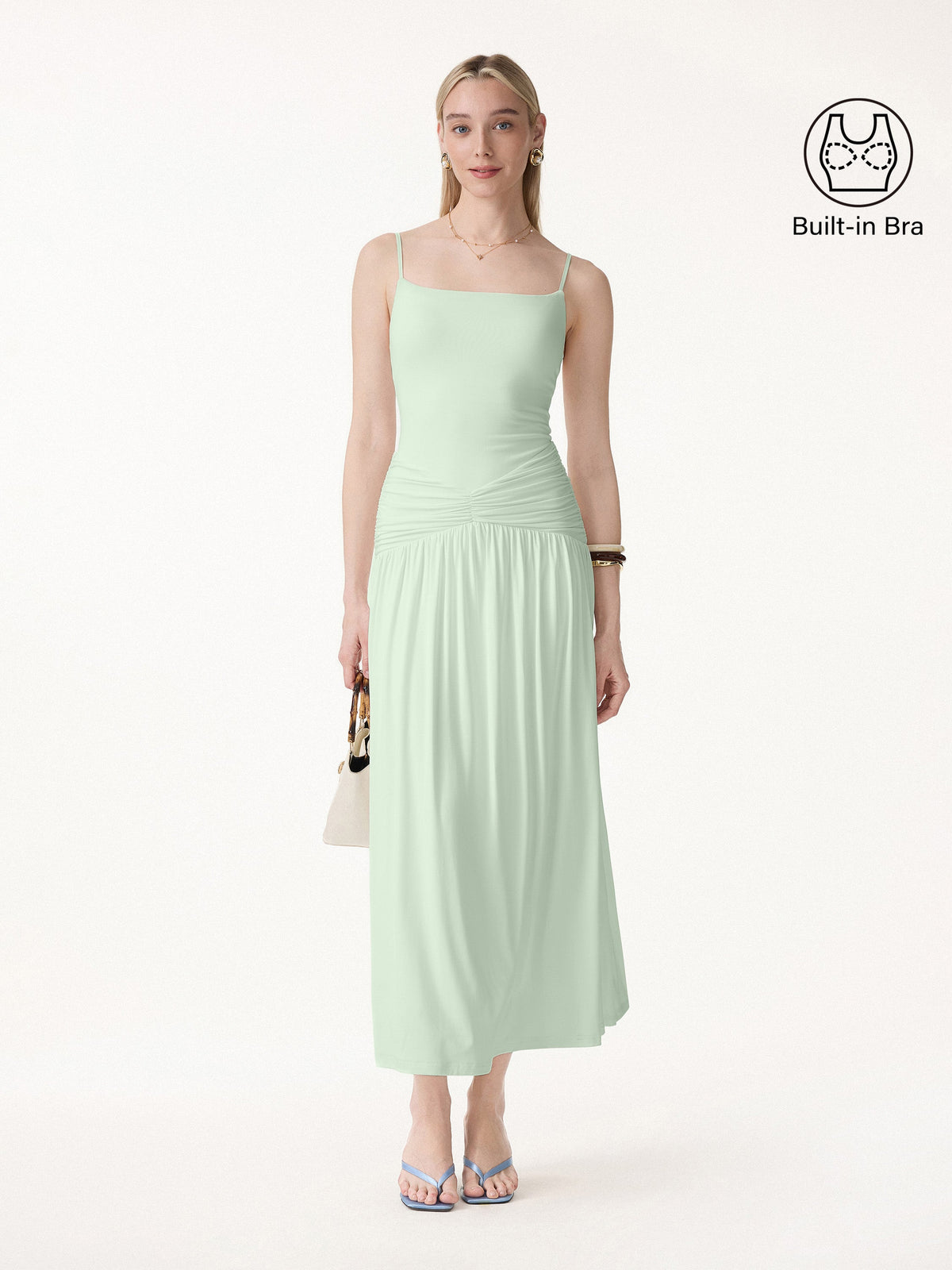 OGLmove Women's Not-See-Thru Spaghetti Gathered Maxi Bra Dress