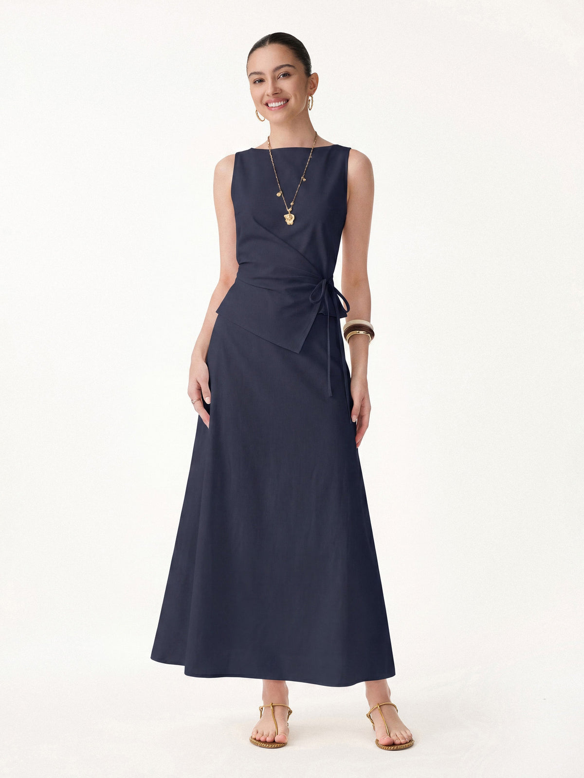 OGLmove Women's Stretch Cotton Boatneck Waist-Defined Top & Maxi Flared Pull-On Skirt Set