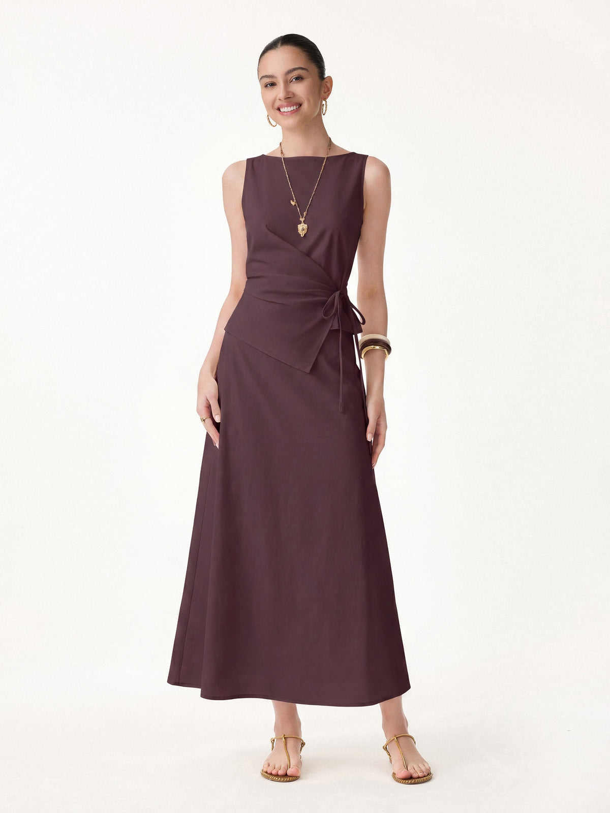 OGLmove Women's Stretch Cotton Boatneck Waist-Defined Top & Maxi Flared Pull-On Skirt Set