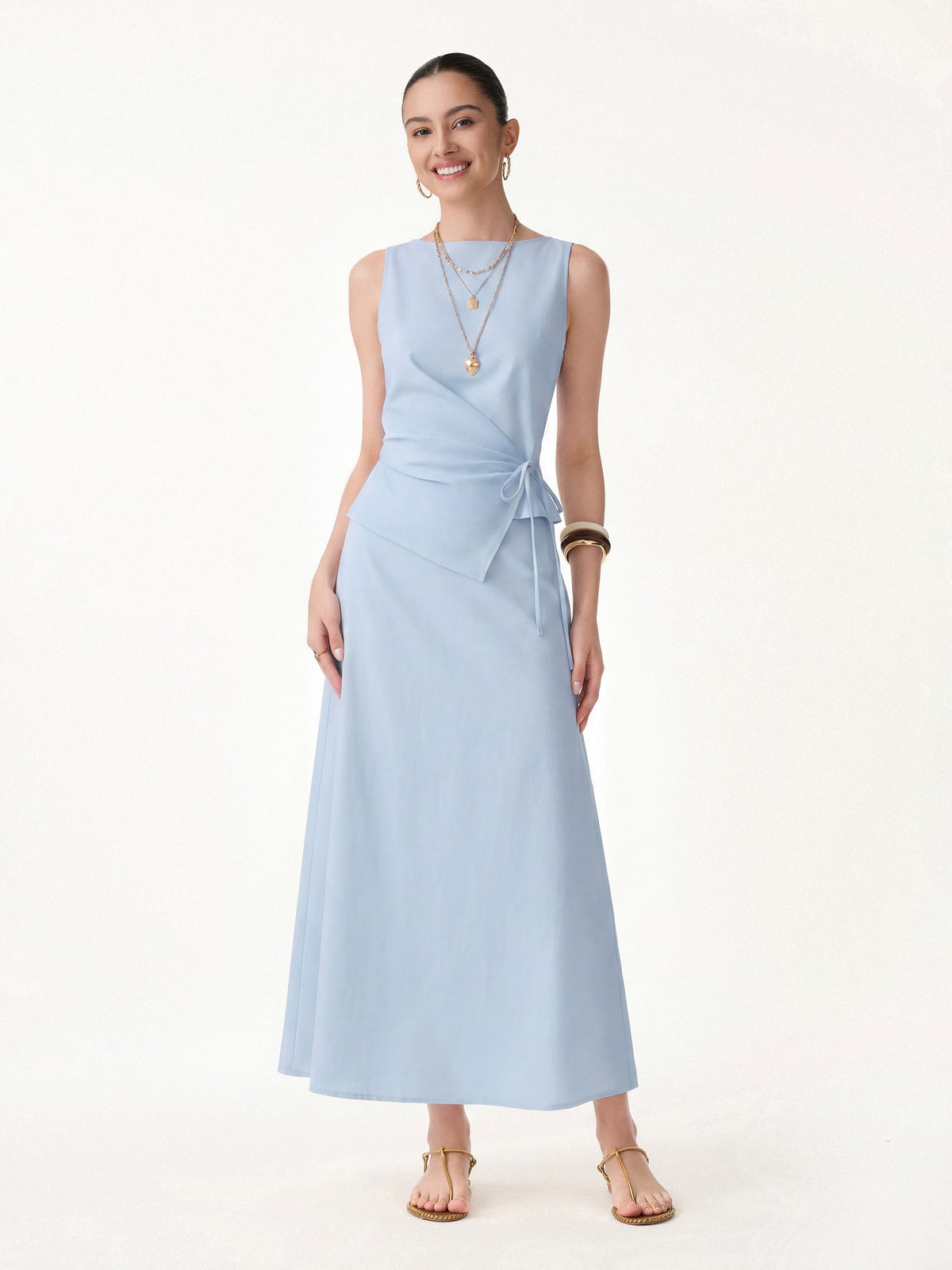 OGLmove Women's Stretch Cotton Boatneck Waist-Defined Top & Maxi Flared Pull-On Skirt Set