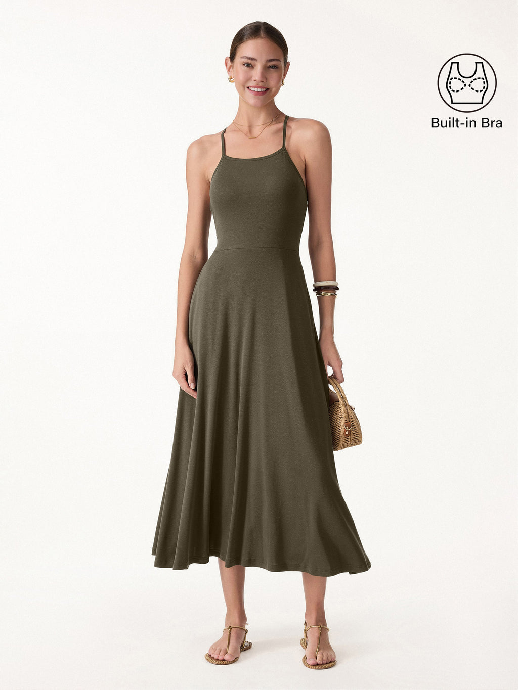 OGLmove Women's Soft Linen Knit Spaghetti Midi Bra Dress