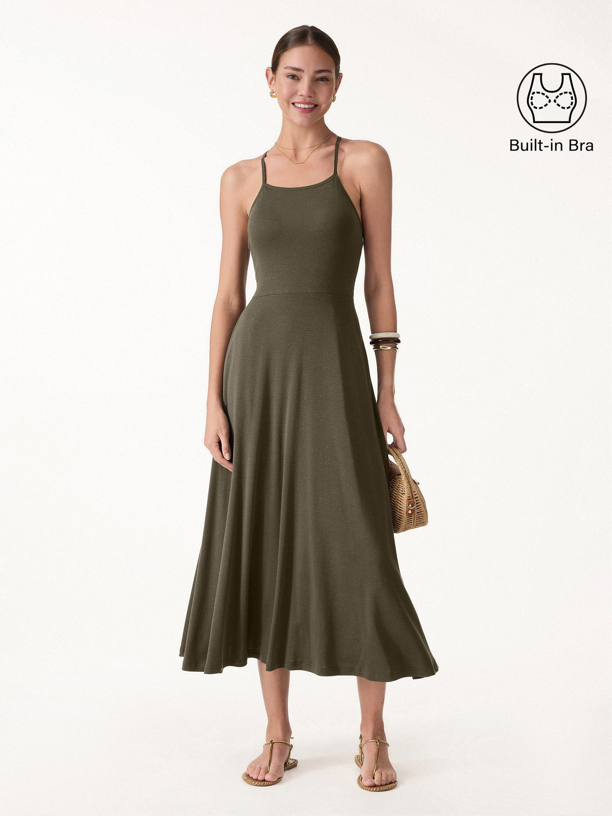 OGLmove Women's Soft Linen Knit Spaghetti Midi Bra Dress