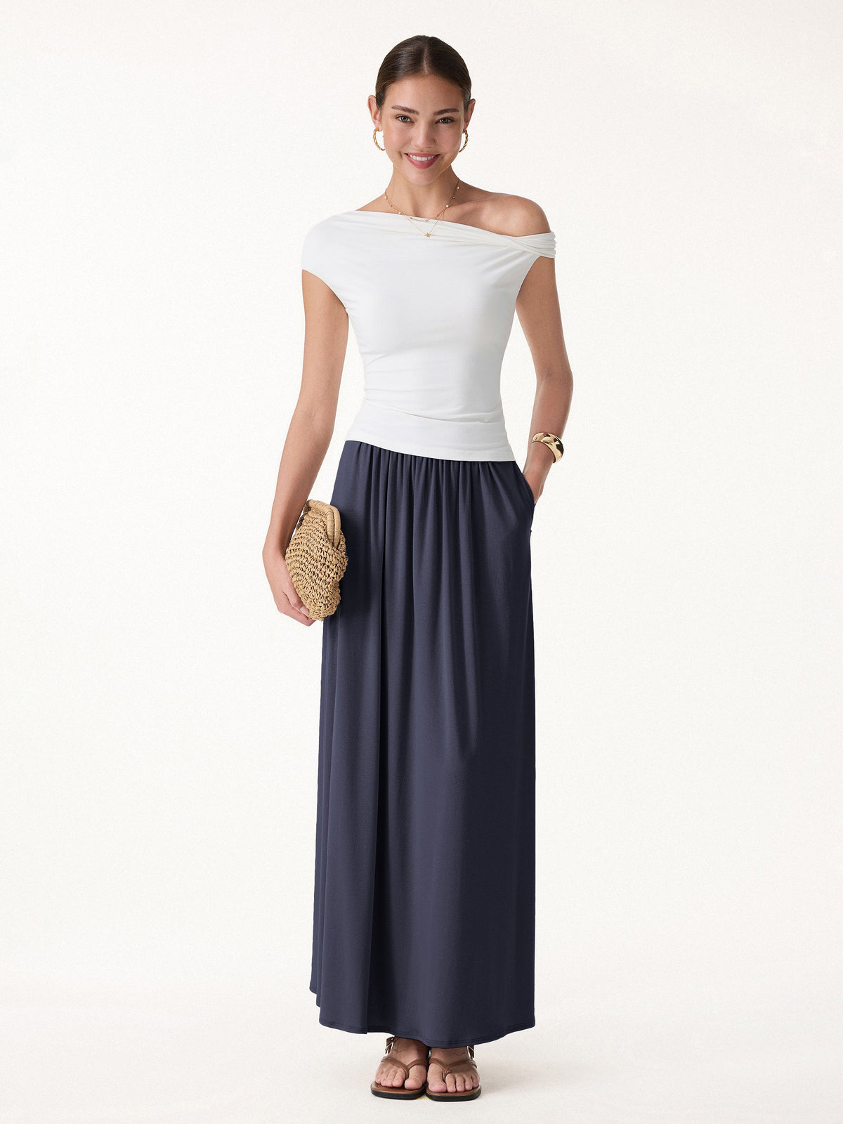 OGLmove Linen Knit Gathered A-Line Maxi Skirt