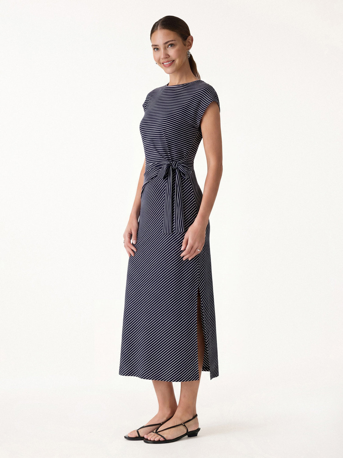 OGLmove Women's Striped Relaxed Midi Dress with Self-Tie