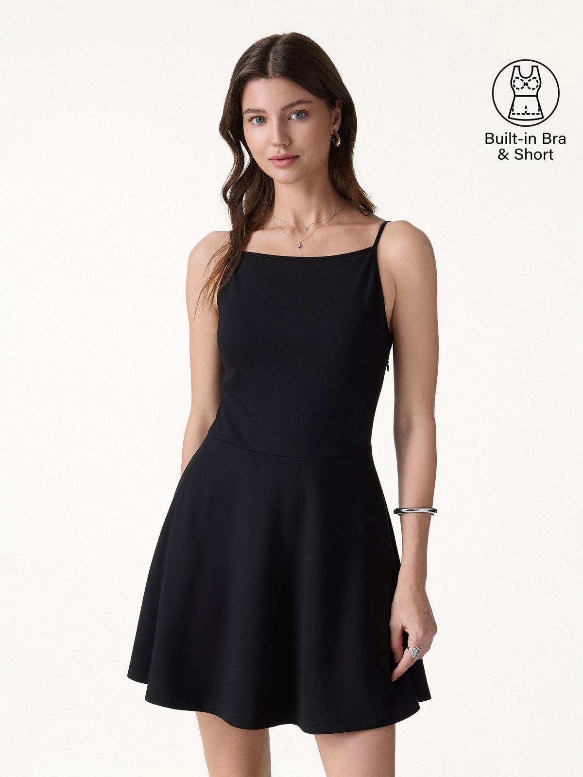 OGLmove Women's Stretch Ponte Square Neck A-Line Bra Mini Dress with Pockets