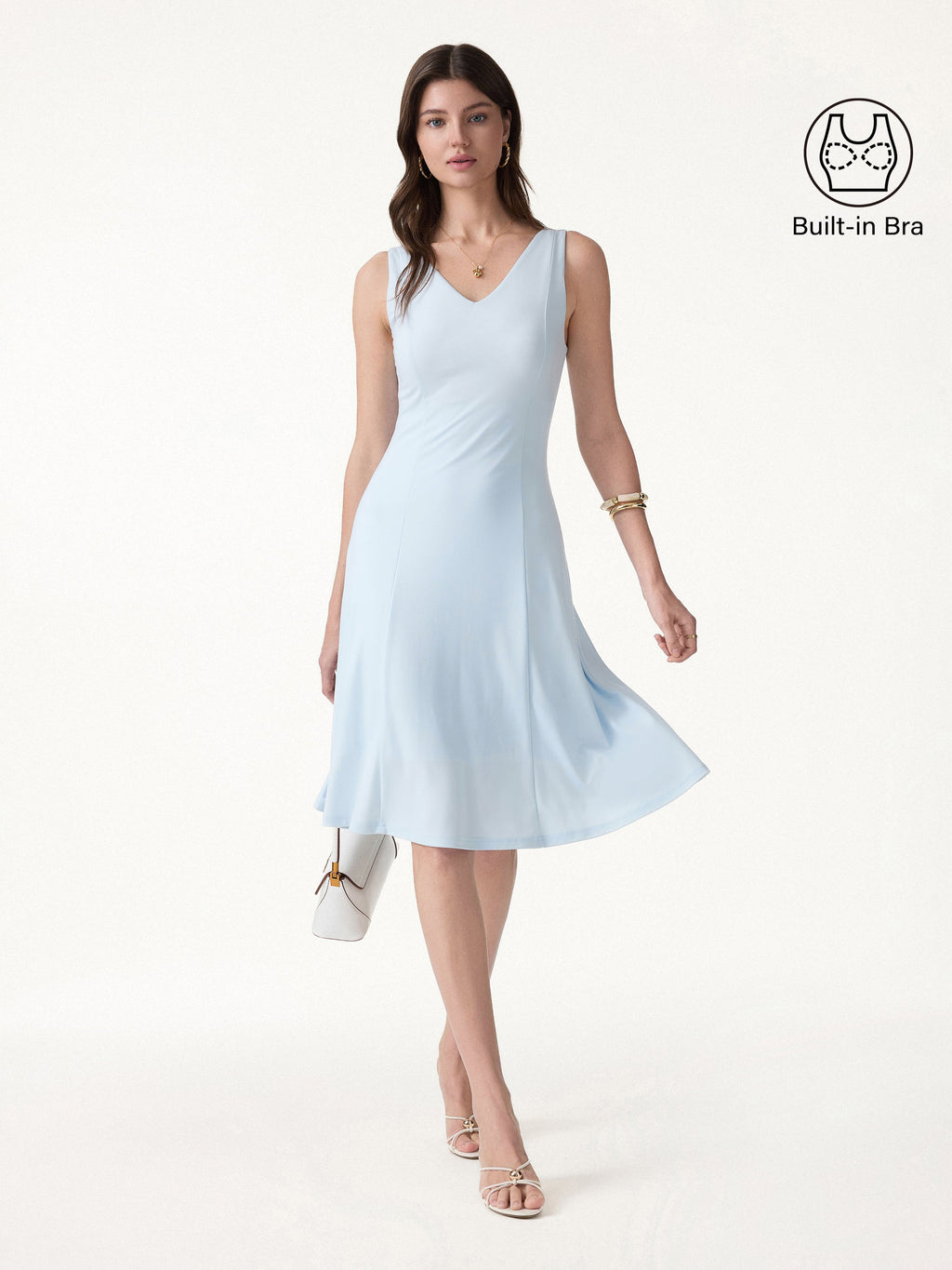 OGLmove Women's Stretch Ponte V-Neck A-Line Midi Bra Dress