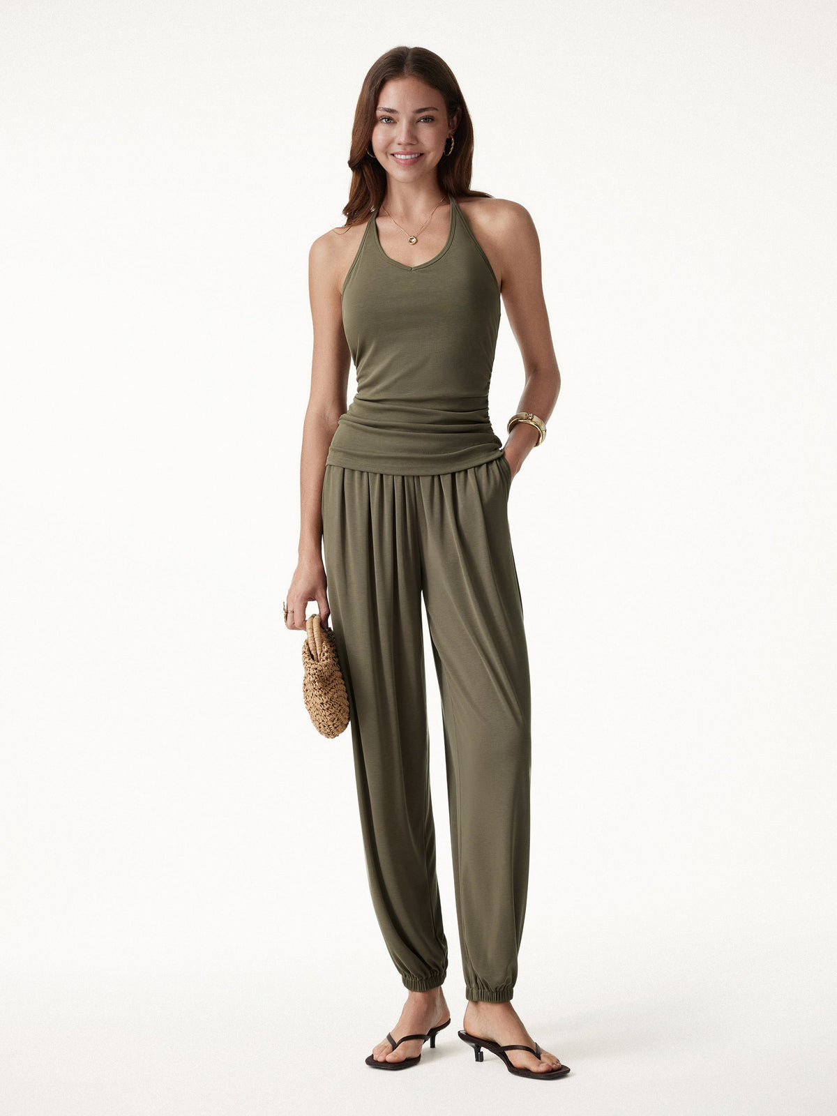 OGLmove Women's Sandwashed Modal Ultra-Soft High Rise Balloon Pants with Pockets