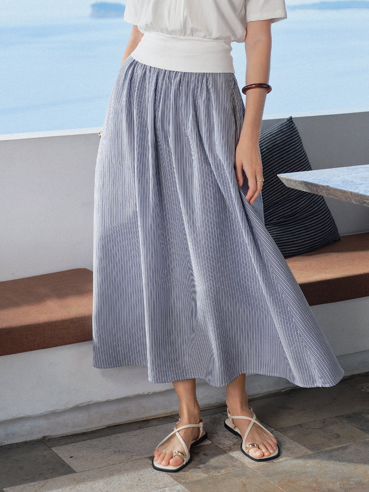 OGLmove Women's Striped Poplin High Rise Umbrella Midi Skirt with Pockets