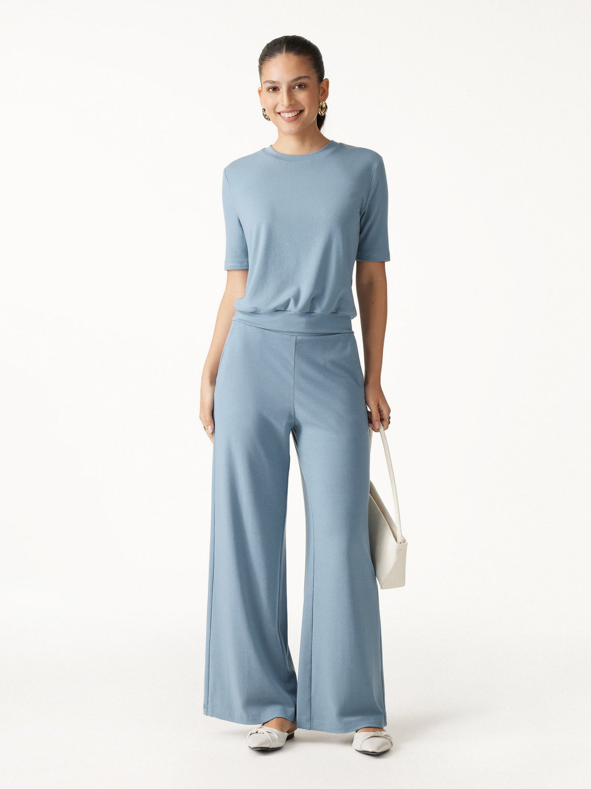 OGLmove Women's Mid Rise Wide Leg Pants & Crewneck Bra Top Set