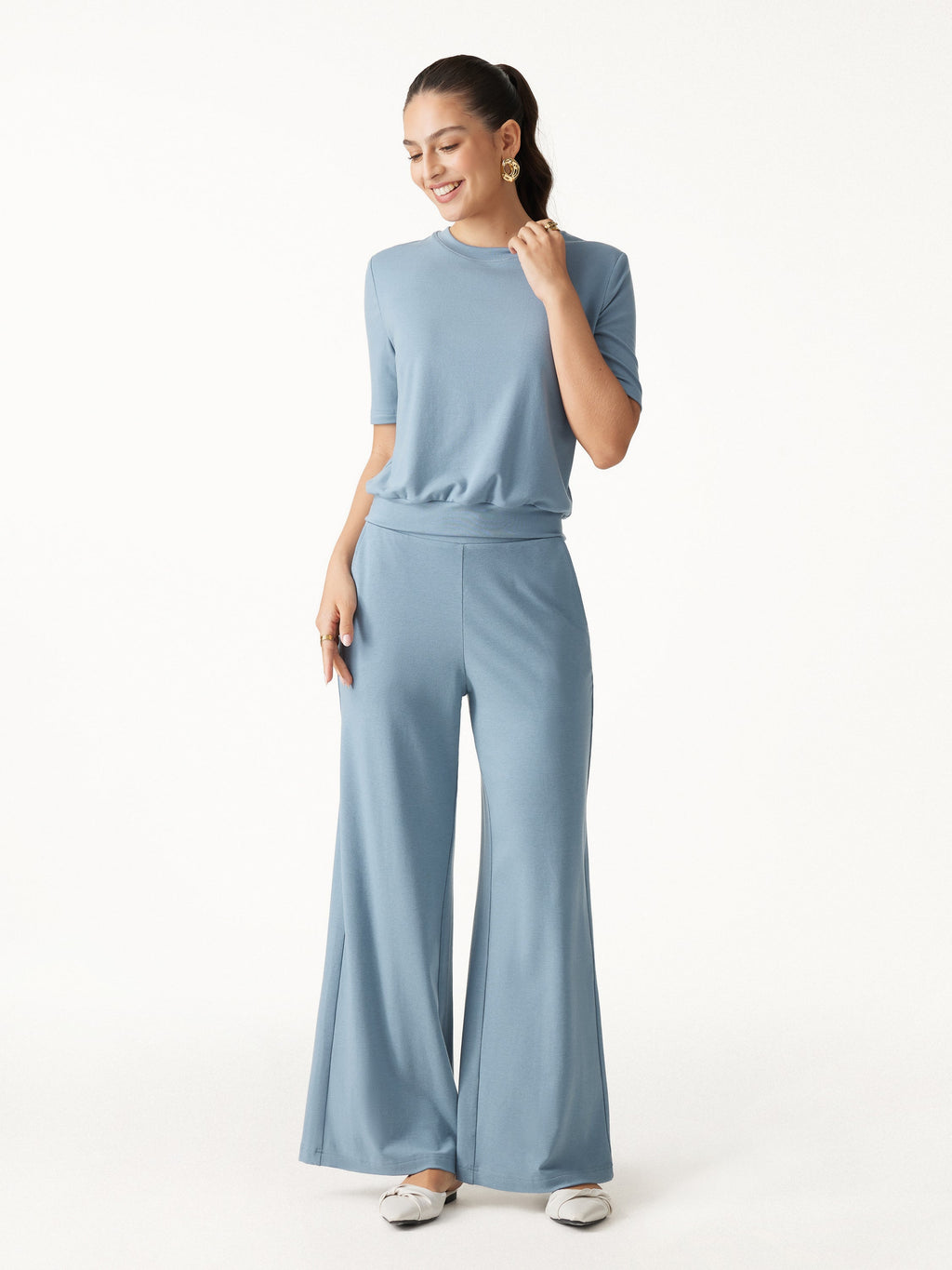 OGLmove Women's Mid Rise Wide Leg Pants & Crewneck Bra Top Set