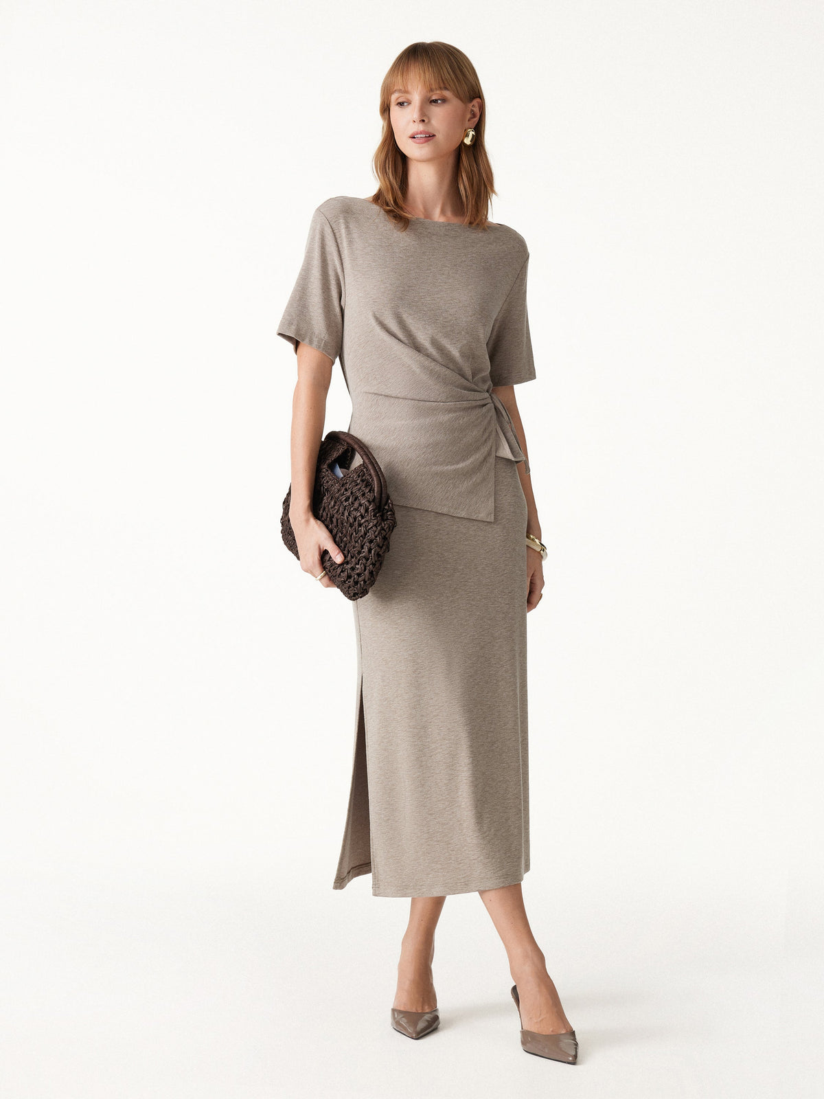 OGLmove Women's Short Sleeve Tie-Side Top & Side-Slit A-Line Midi Skirt Set