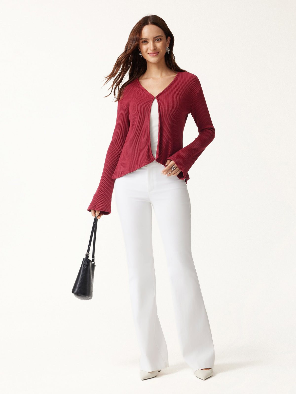 OGLmove Women's V-Neck Flare Long Sleeve Cardigan
