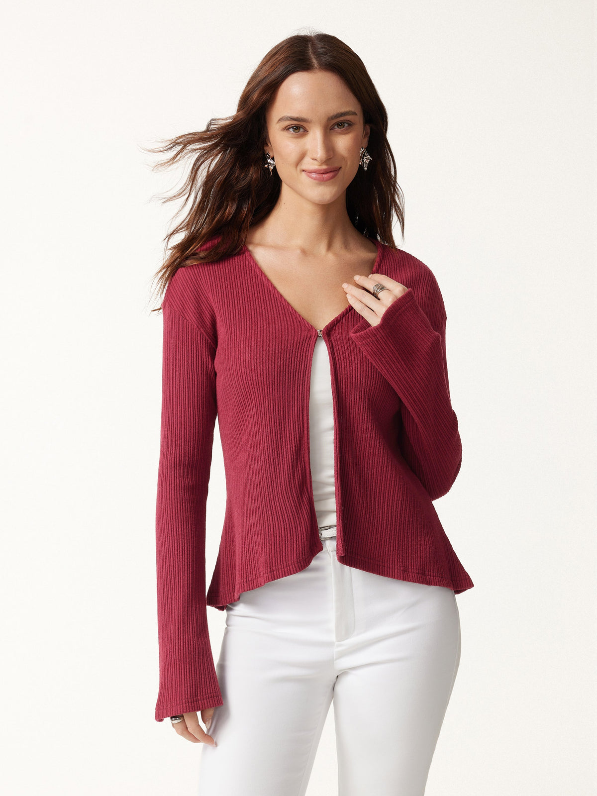 OGLmove Women's V-Neck Flare Long Sleeve Cardigan
