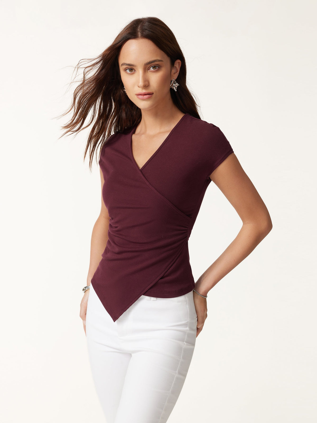 OGLmove Lyocell Wool Surplice Cap Sleeve Asymmetrical Top