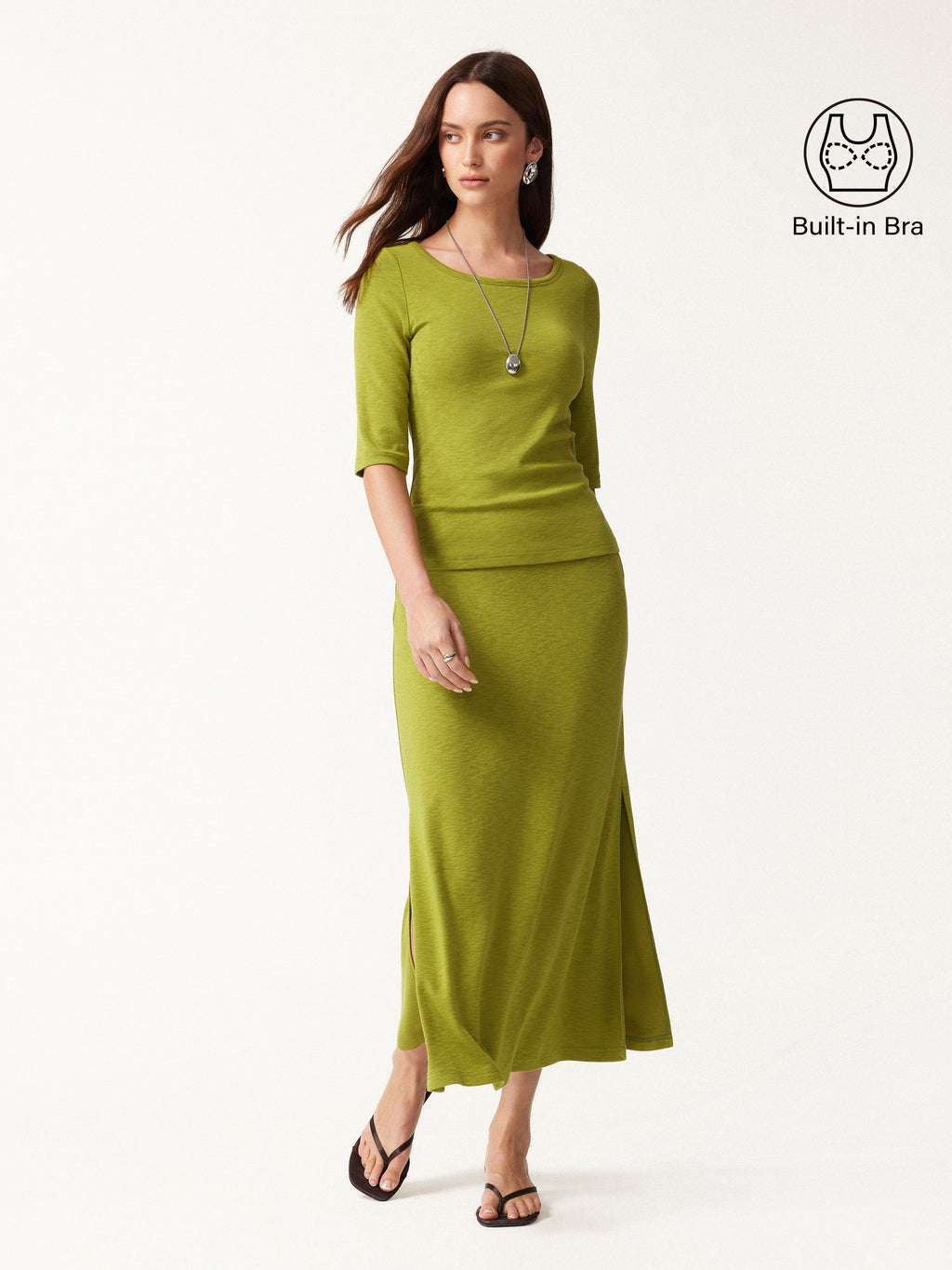 OGLmove Women's Round Neck Elbow Sleeve Bra Top & Side-Slit A-Line Midi Skirt Set