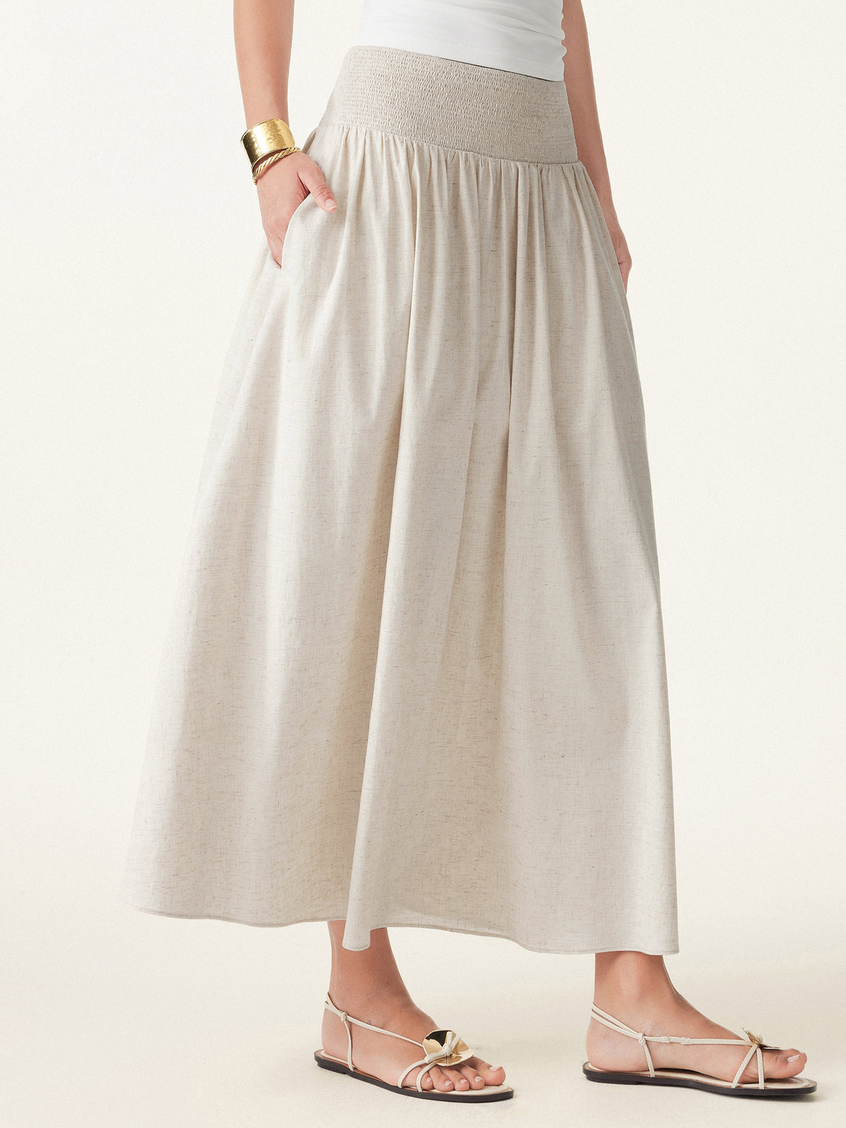 OGLmove Women's European Linen Smocked Waist Midi Skirt with Pockets