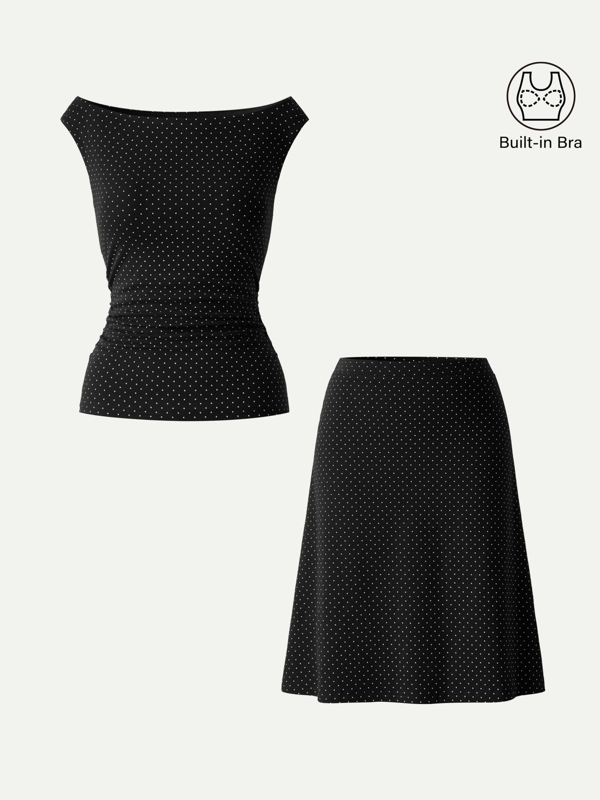 OGLmove Women's Polka Dot Boatneck Bra Top & A-Line Flare Skirt Set