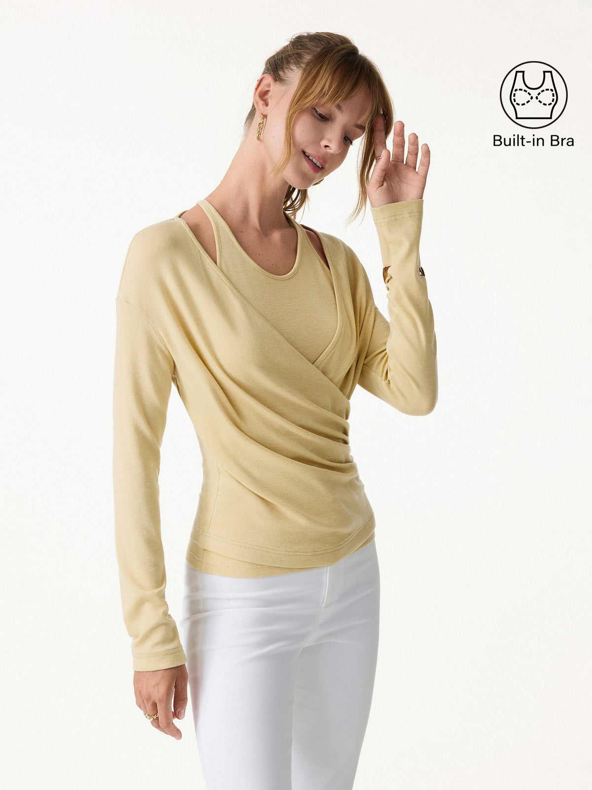 OGLmove Women's Eco-MiYaMoon Cashmere Blend Long Sleeve Surplice Ruched Cami Top