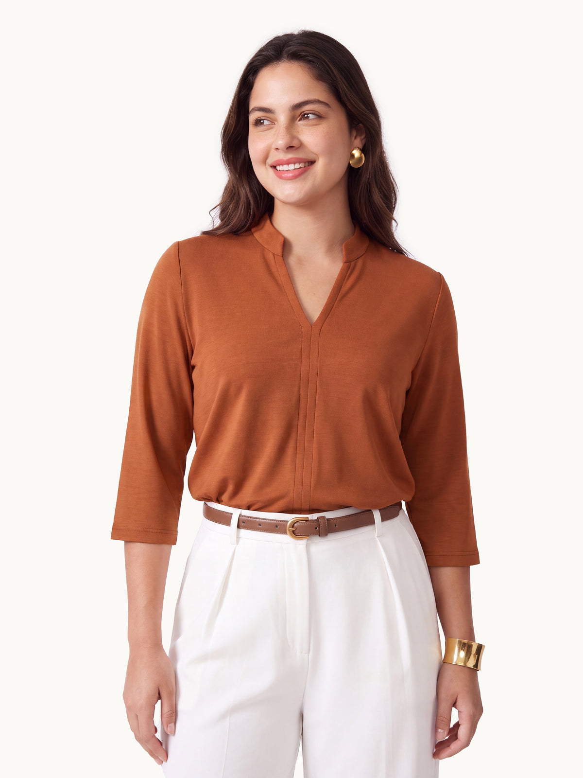 OGLmove Women's Lyocell Spacer Knit V-Neck Elbow Sleeve Banded Top
